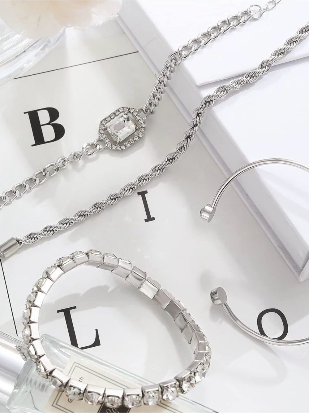 Crystal Accented Silver Bracelet Stack - Women's Layered Set - Picture 6 of 6